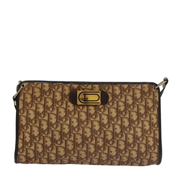DIOR Trotter Canvas Shoulder Bag Beige Dark Brown Gold - Picture 2 of 12